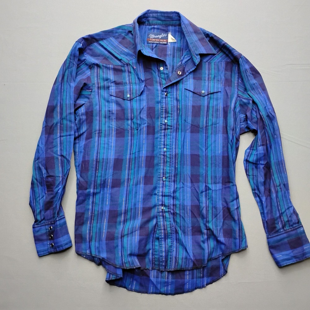 Wrangler Mens Blue Plaid Pearl Snap Western Shirt X-Long Tails 16.5-36